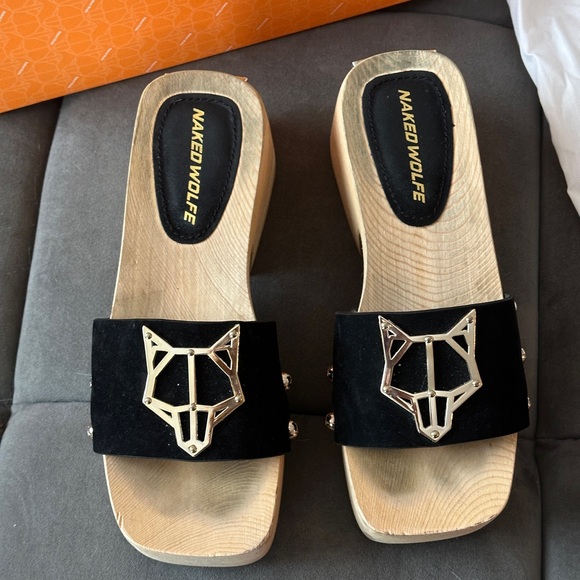 NAKED WOLFE y2k black suede wooden clog mule sandals size 37 US 6.5 - Picture 2 of 5